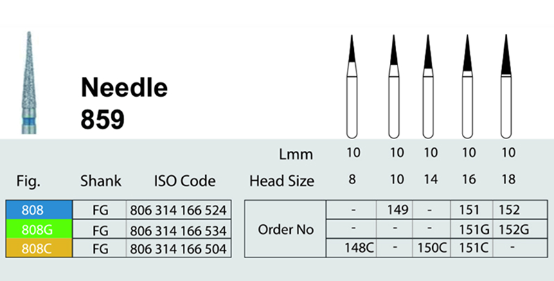 Alt Text: فرز سوزنی دندانپزشکی Needle مدل 859 برای تراش دقیق و دسترسی به نواحی محدود
